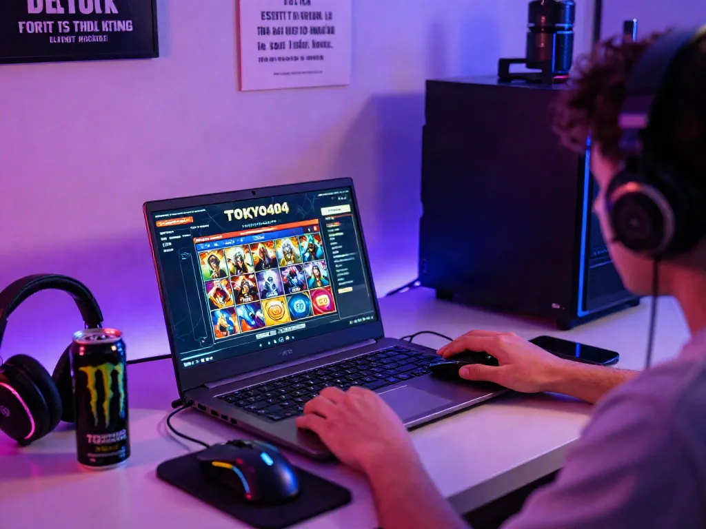 Player enjoying slot Thailand gaming experience on TOKYO404 platform in a vibrant home office.