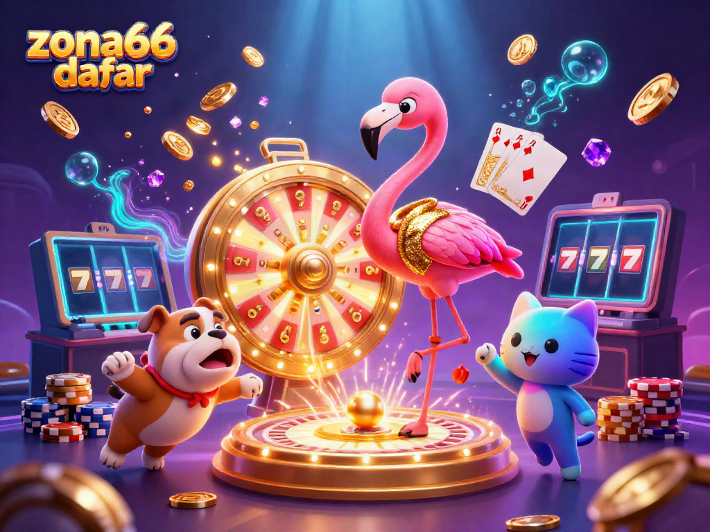 Spin the "zona66 daftar" prize wheel with our flamingo host in this energetic digital casino scene.