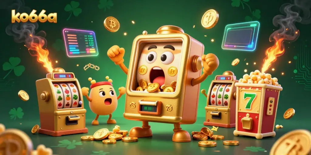 Experience thrilling jackpots with ko66a's golden slot machine celebrating wins in an immersive virtual casino scene.