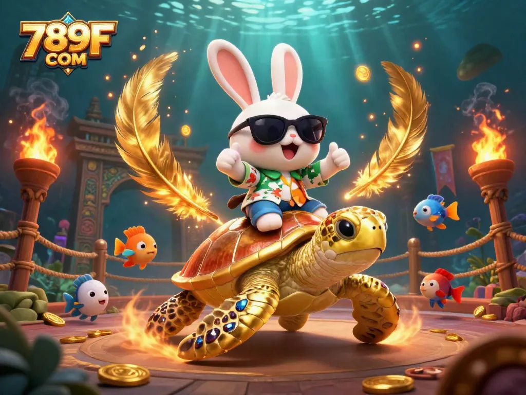 Experience the thrill of gameplay in 789F COM, featuring a lucky rabbit and golden turtle amidst vibrant casino elements.
