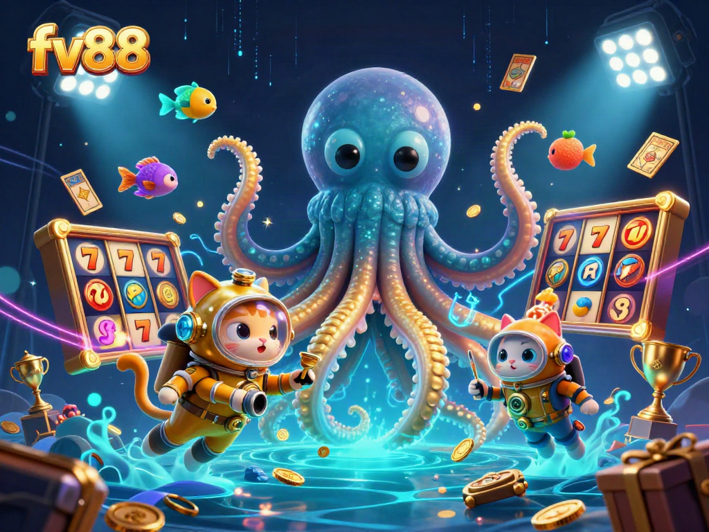 Experience the thrill of fv88 casino games with a magical kraken and diving cat amidst treasures.