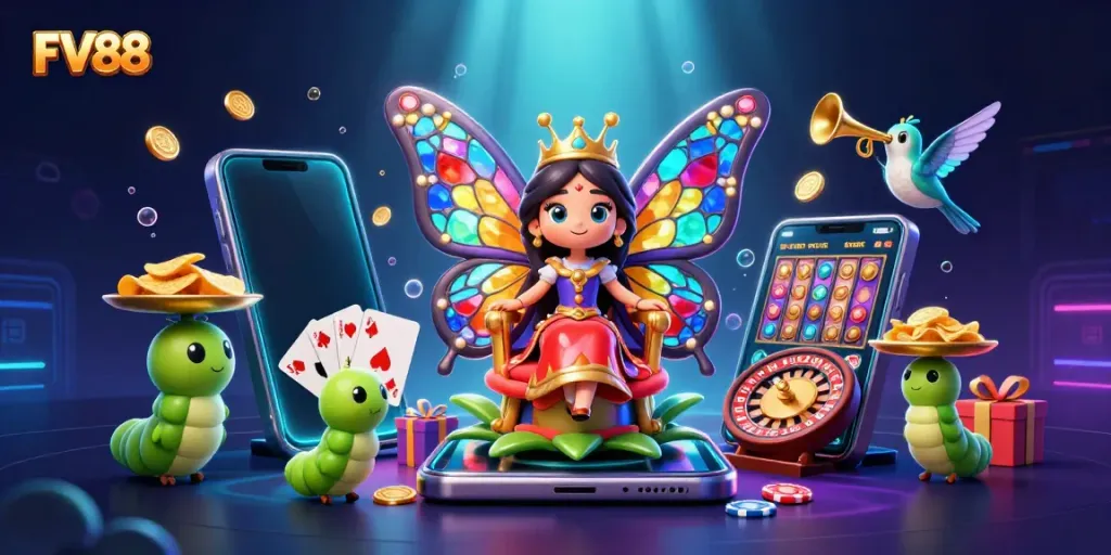 Unleashing excitement with FV88 - colorful casino scene featuring a butterfly queen and gaming elements.