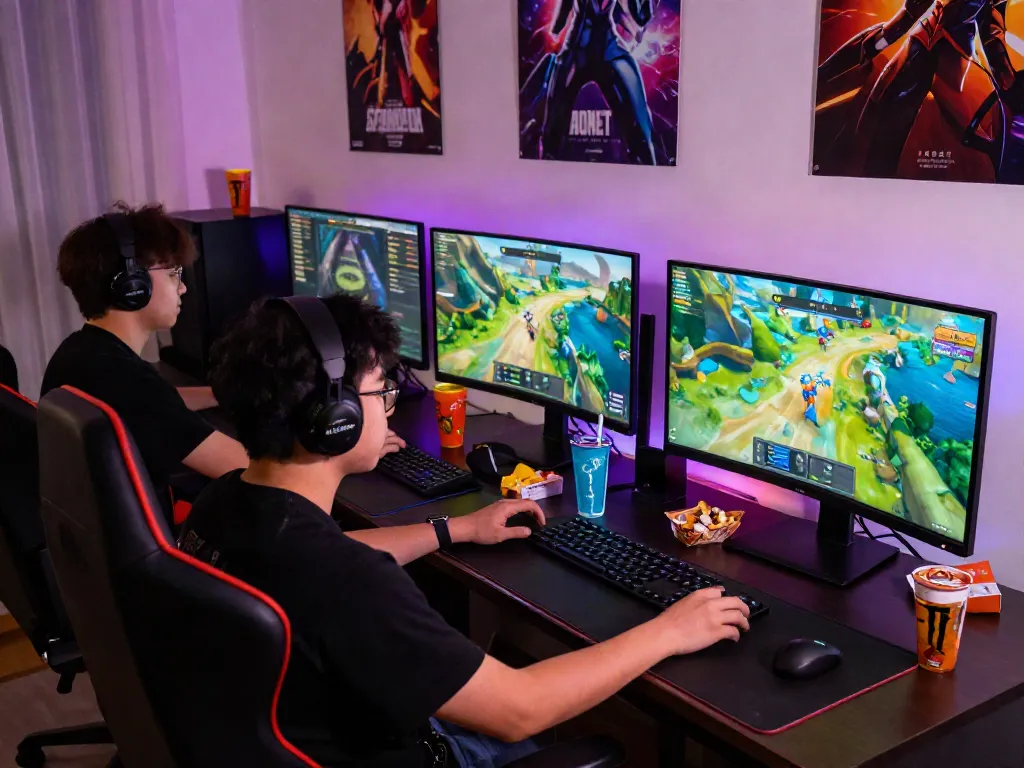 Gaming session featuring warung168 setup with colorful screens and snacks.