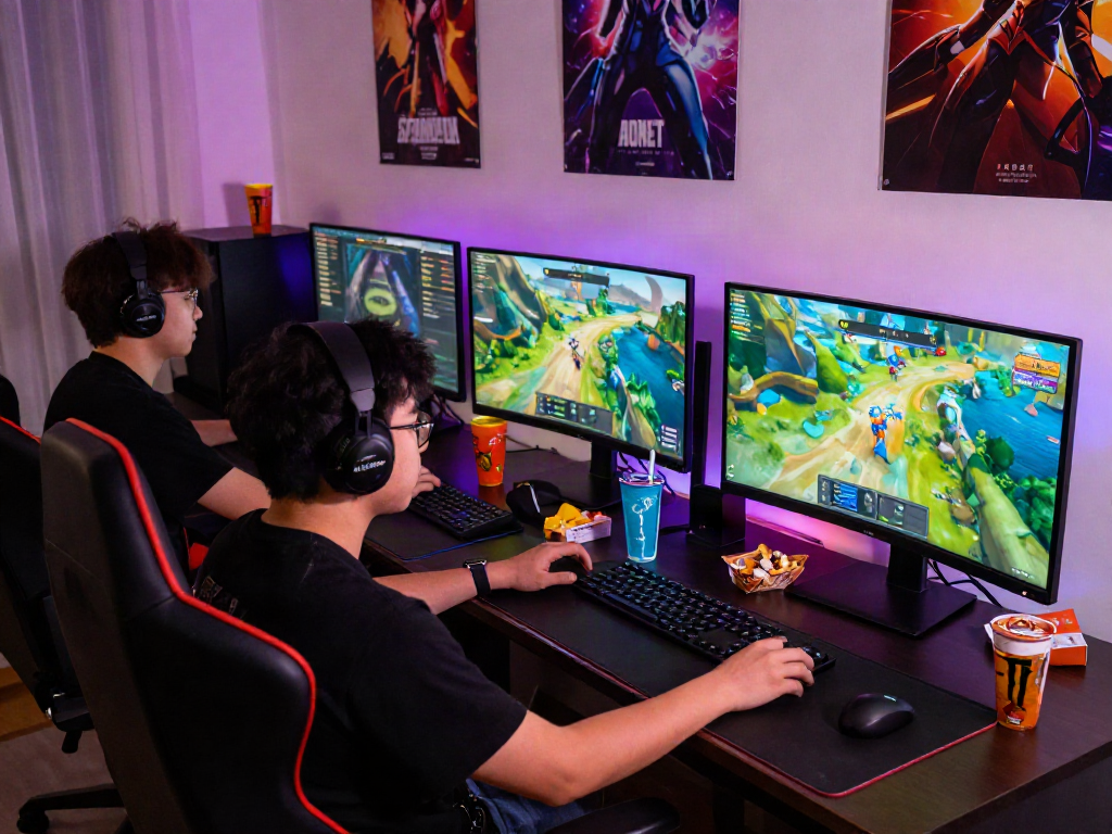 Gaming session featuring warung168 setup with colorful screens and snacks.
