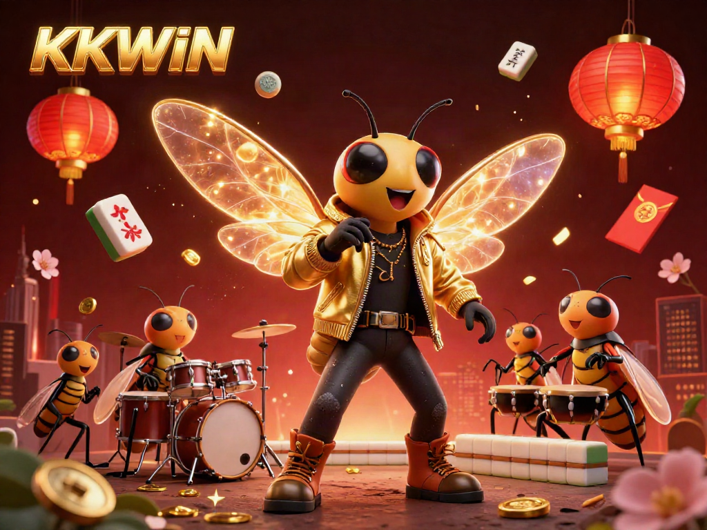 Celebrate winning moments at KKWIN with a lively scene featuring a cicada rock star and vibrant game elements.