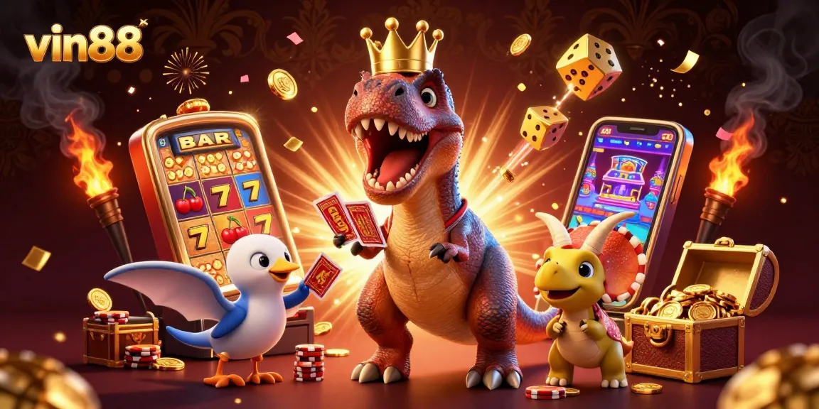 Play exciting games at vin88 with a lively scene featuring dinosaurs and a jackpot.