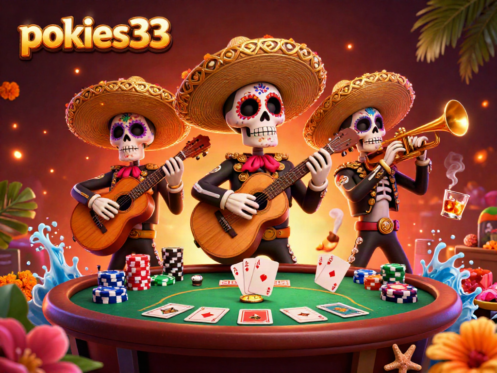 Engage with the vibrant world of pokies33, featuring skeleton mariachi musicians amidst poker excitement.