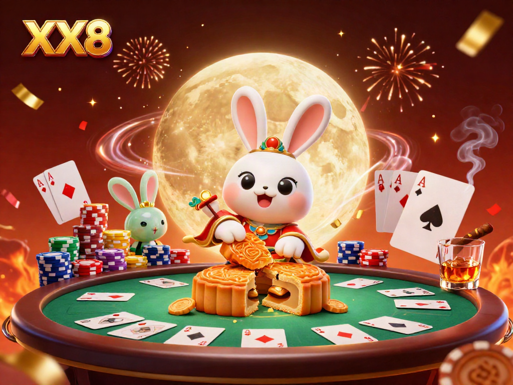 Engage in exciting gameplay with XX8 as a moon rabbit and companion reveal poker chips from mooncakes in a vibrant casino setting.