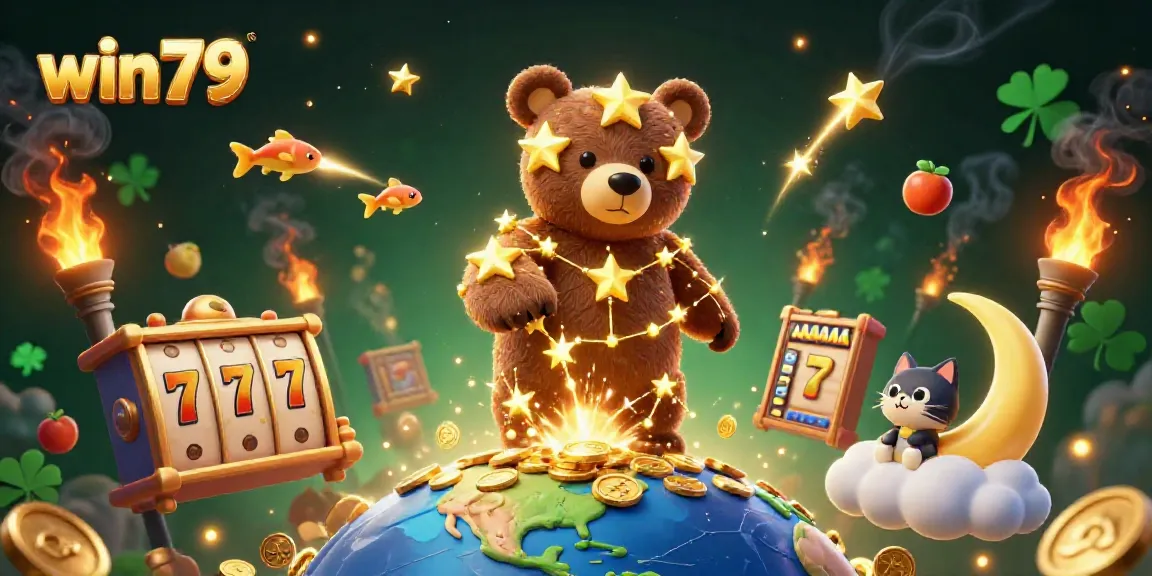Win79 offers engaging online slot games, featuring a magical constellation bear and vibrant casino elements.