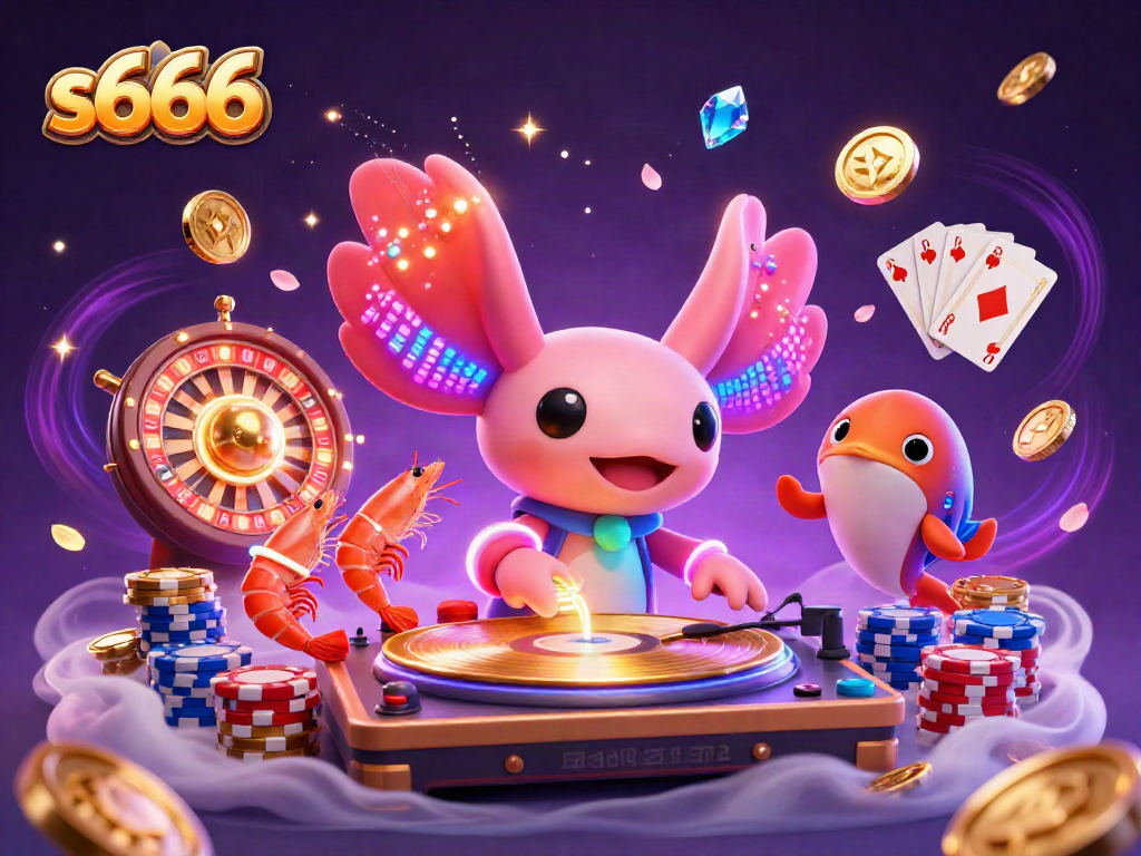 Experience the thrilling ambiance of s666 casino with neon axolotl DJ and vibrant gaming elements.