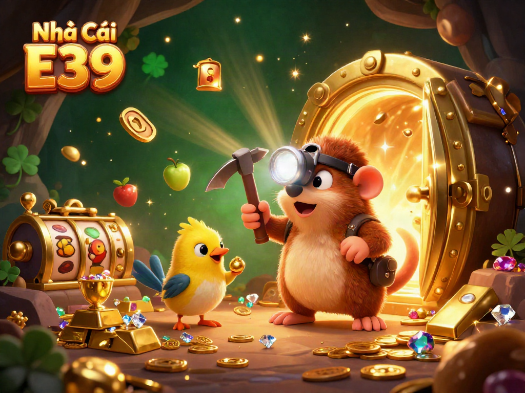 Experience the excitement of Nhà Cái E39 with vibrant characters, golden treasures, and dynamic casino elements.