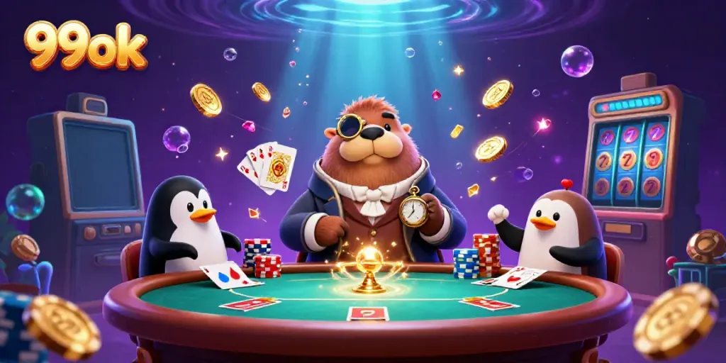 Engage in thrilling gameplay with 99ok's underwater casino featuring cartoon walrus, penguin dealer, and bluffing pufferfish.