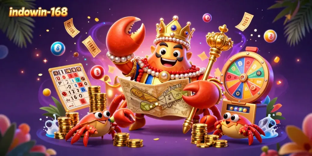 Jelajahi portal permainan indowin-168 dengan ilustrasi digital 3D yang penuh warna dan dinamis.