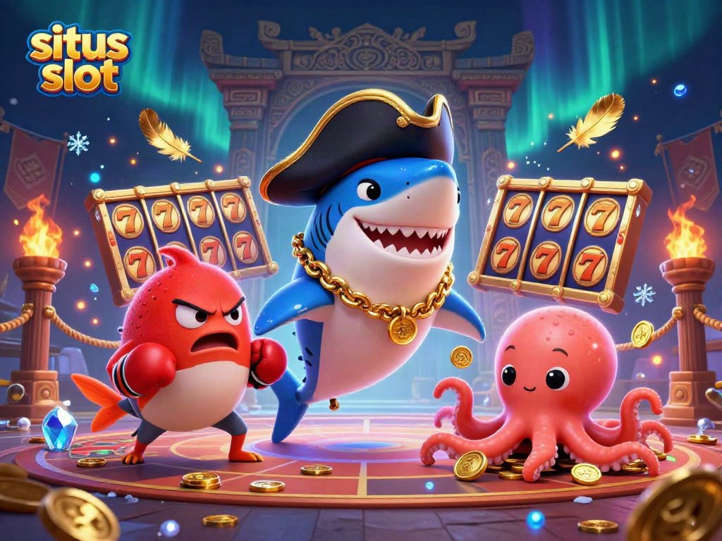 Engage with situs slot featuring a pirate shark and friends in a vibrant 3D casino scene.