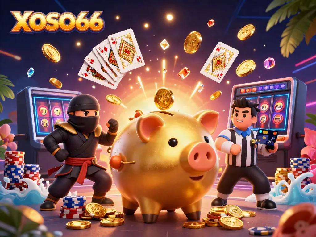 XOSO66 features a dynamic scene with a golden piggy bank sumo wrestler launching coins, showing the excitement of gaming.
