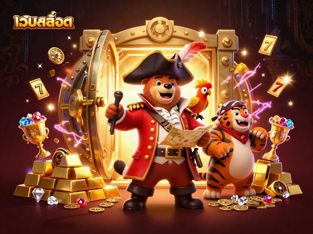 Play เว็บสล็อต and win big with our vibrant 3D casino illustration featuring exciting slot game elements.