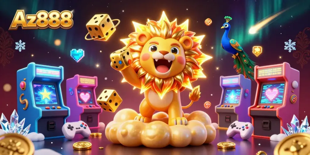 Az888 delivers thrilling casino action with a roaring sun lion, golden dice, and vibrant game elements.