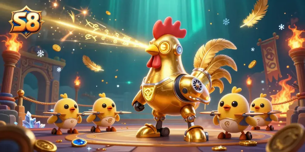 Engage in exciting S8 gaming with a futuristic golden rooster robot and energetic baby chick drones in a lively casino setting.