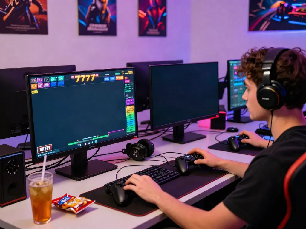 Player immersed in an exciting slot777 game experience in a vibrant gaming setup.