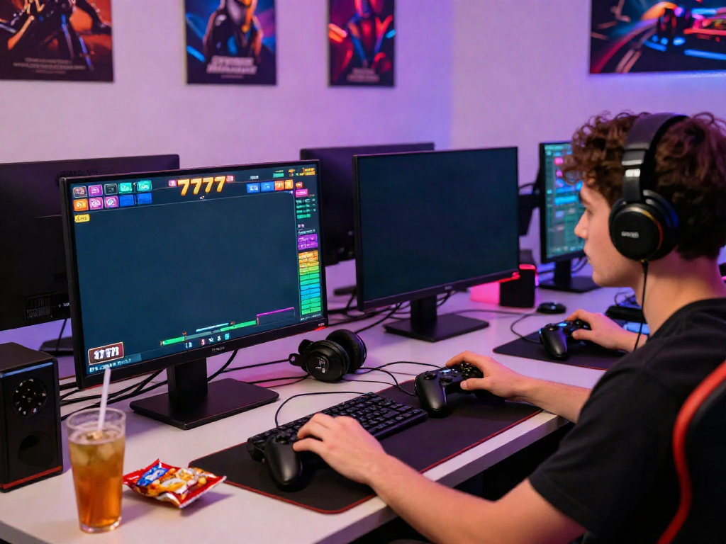 Player immersed in an exciting slot777 game experience in a vibrant gaming setup.