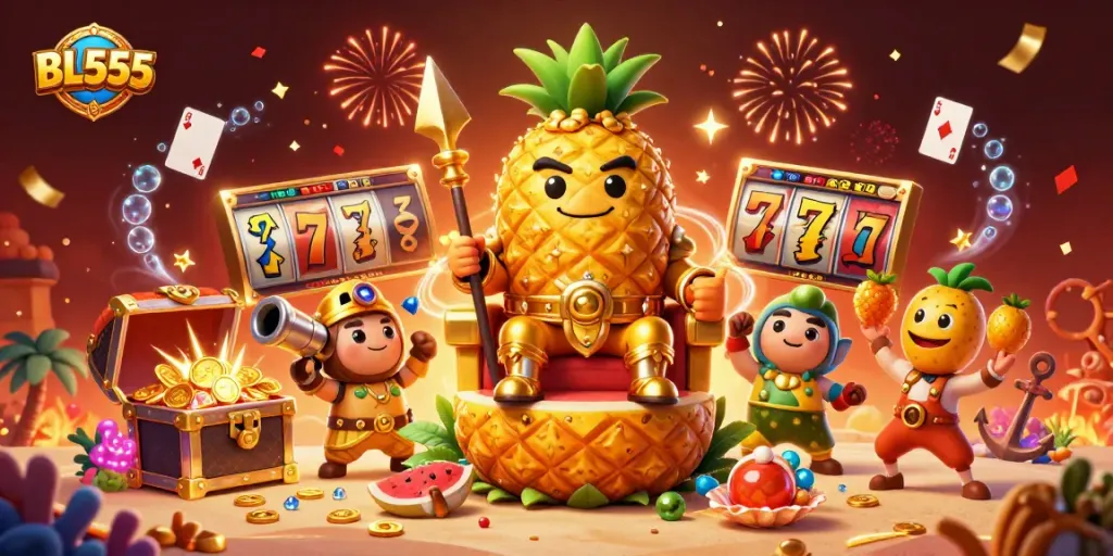 Experience thrilling slots at BL555 with the golden pineapple king and vibrant casino elements!