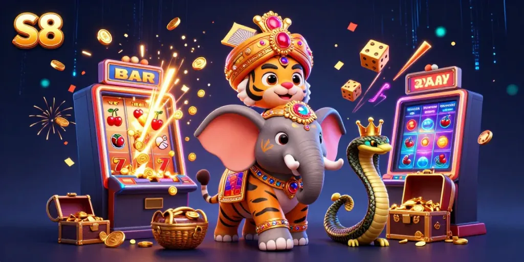 S8 brings an exciting 3D scene with a maharaja tiger, elephant, and slot machine bursting with rewards.