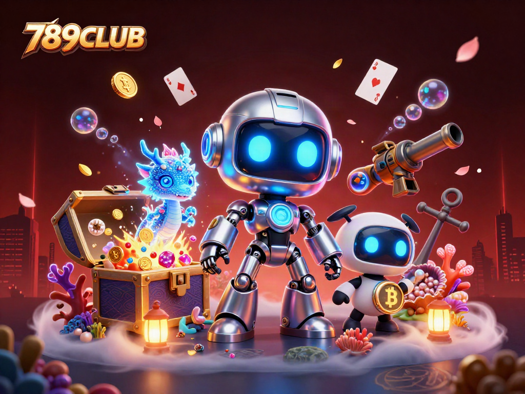 Experience the thrilling action of 789CLUB with a vibrant 3D casino illustration featuring unique game elements.