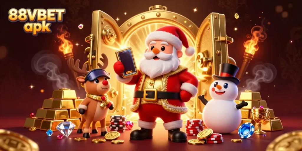 Experience excitement with the 88VBET apk, featuring festive characters in a vibrant casino scene.