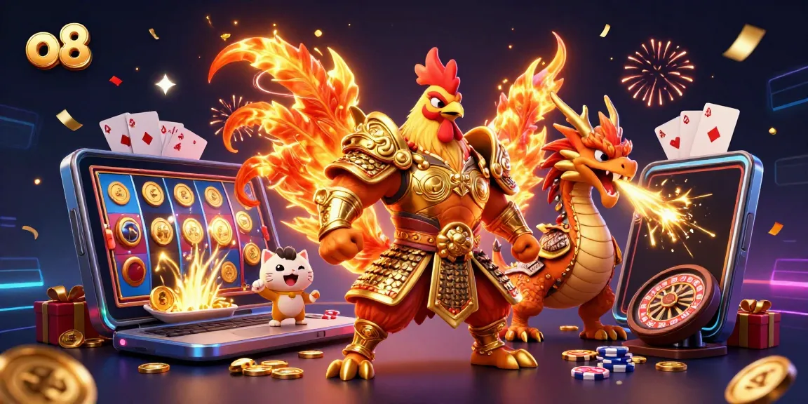 Witness the excitement of o8 as a powerful rooster warrior and dragon celebrate casino wins amidst colorful slot games and confetti.