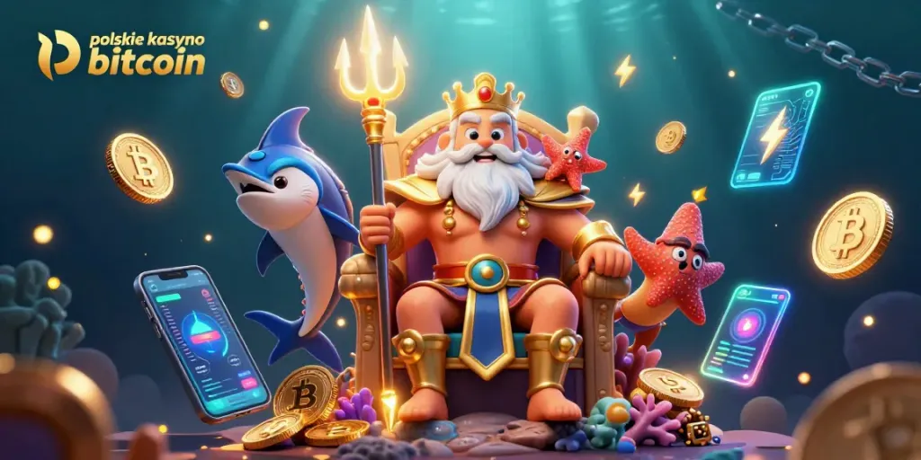 Experience the thrill of polskie kasyno bitcoin with glowing Bitcoin and Ethereum coins in an underwater casino scene.