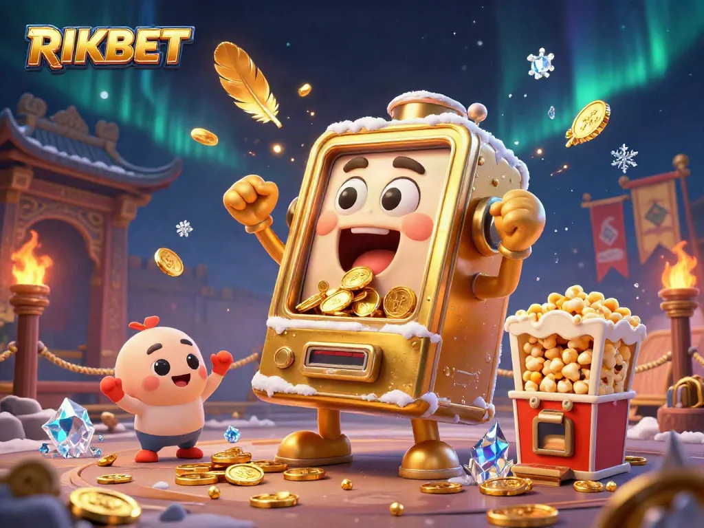 Engage with RIKBET as the golden slot machine hits a jackpot, surrounded by cheering mini machines.