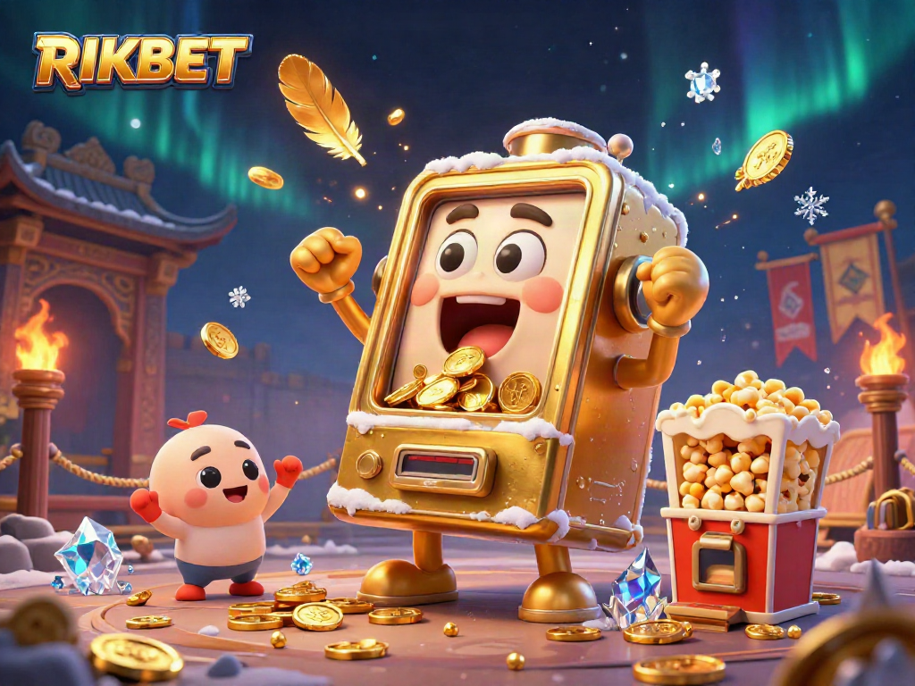 Engage with RIKBET as the golden slot machine hits a jackpot, surrounded by cheering mini machines.