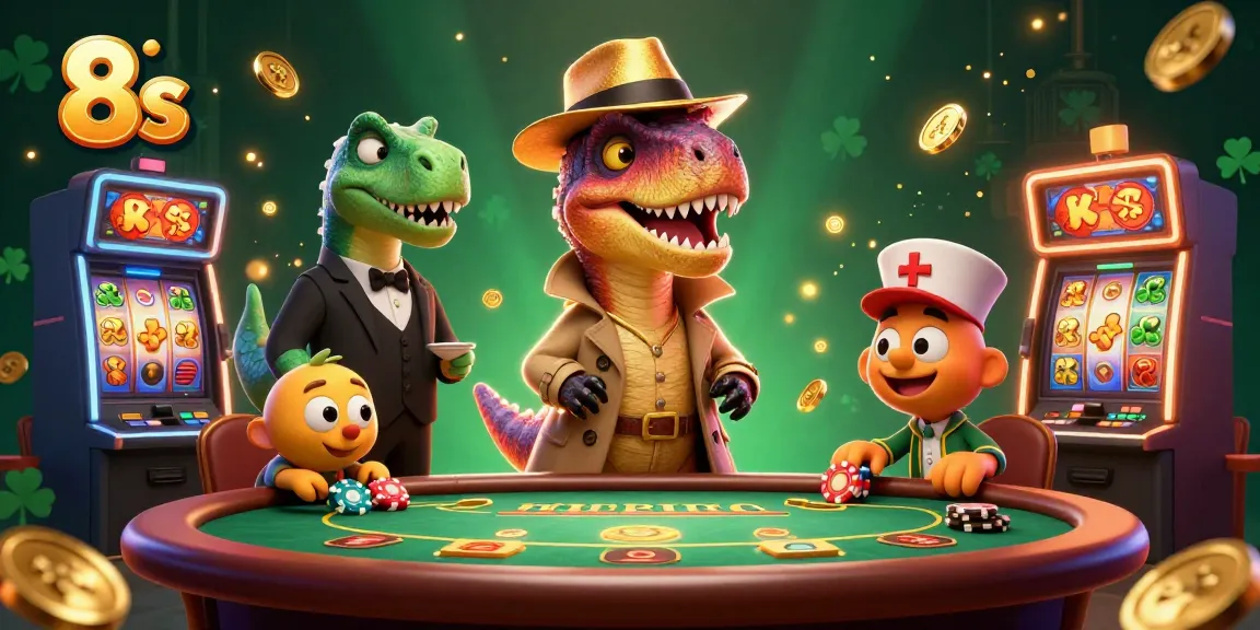 8s velociraptor card counter at a casino with slot machines and golden coins, showcasing vibrant 3D casino scene.