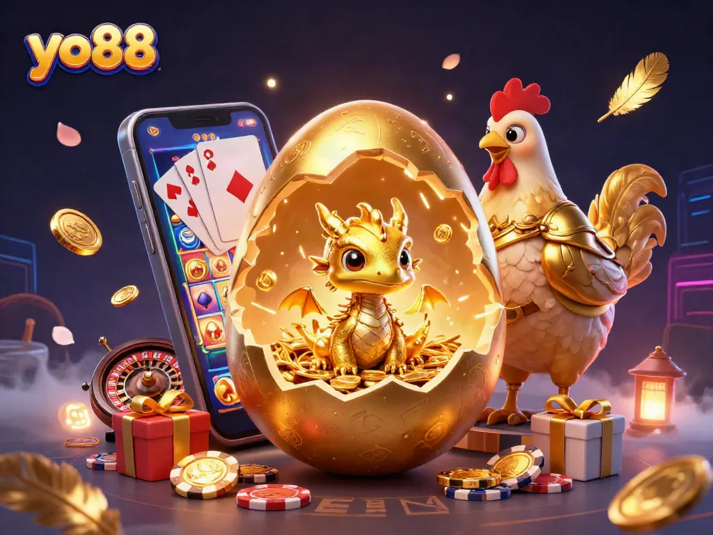 Play vibrant casino games with yo88, featuring a golden dragon and dynamic slot machines.