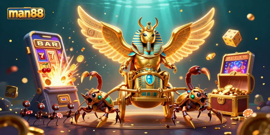 Join the excitement at man88 with a dynamic casino adventure featuring a colossal golden scarab and dazzling game elements.