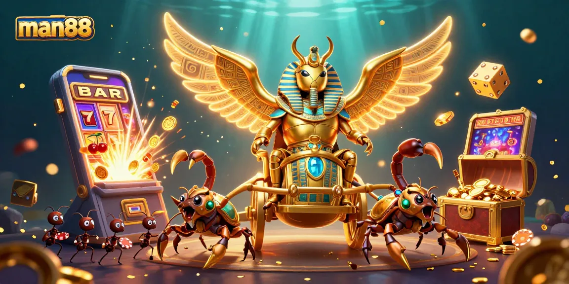 Join the excitement at man88 with a dynamic casino adventure featuring a colossal golden scarab and dazzling game elements.