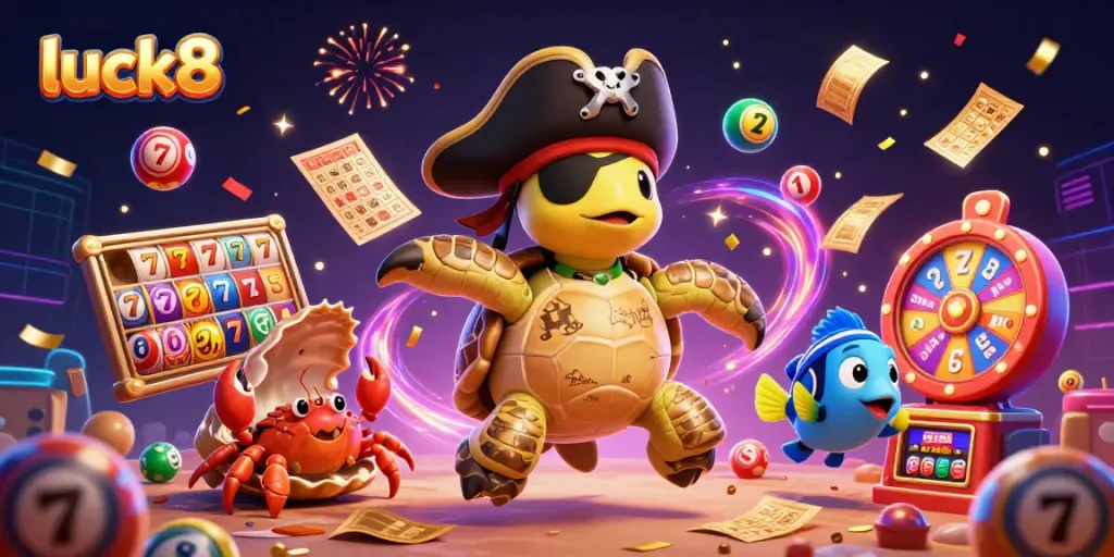 Experience the excitement of luck8 with colorful slot reels, vibrant lottery balls, and energetic casino characters.