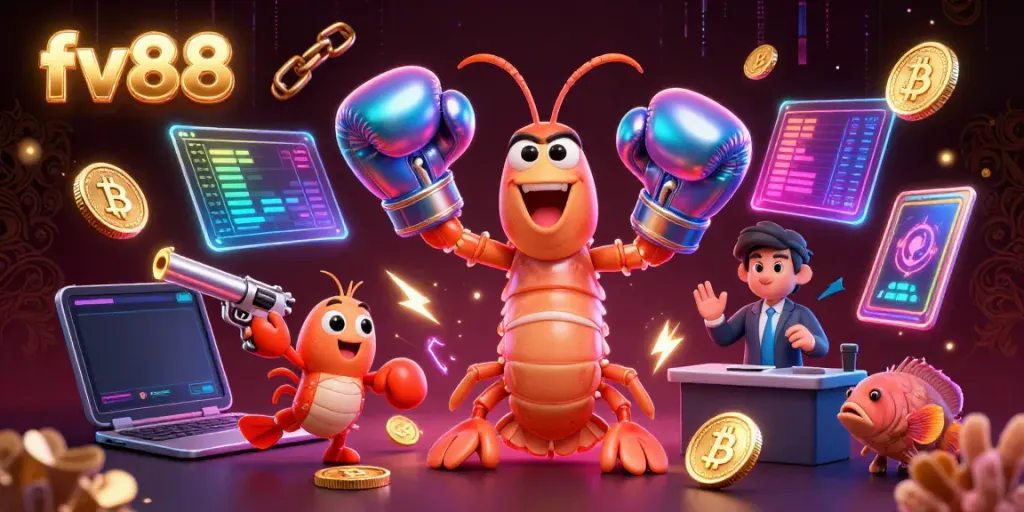 Engage in thrilling gameplay at fv88 with vibrant casino-themed 3D characters and dynamic crypto elements.
