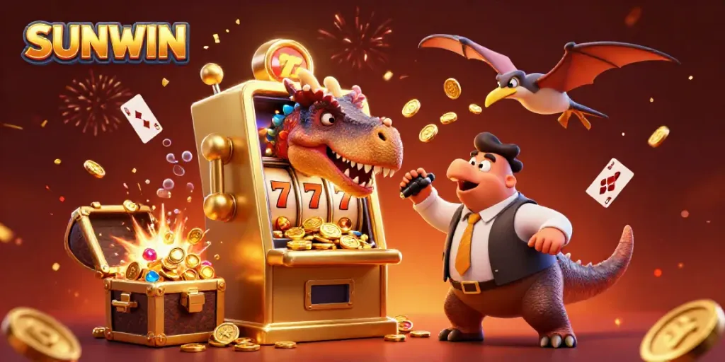 SUNWIN illustrates a pachycephalosaurus celebrating a jackpot win at a vibrant casino scene.