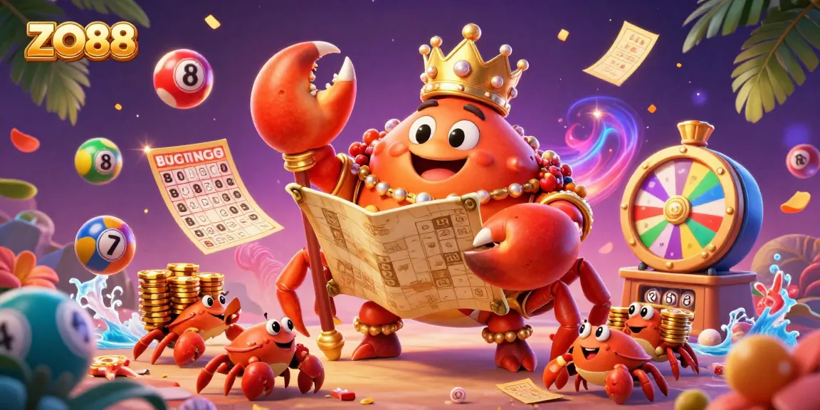 Win big at ZO88 with an exciting 3D illustration of a golden crab emperor amidst vibrant casino elements.