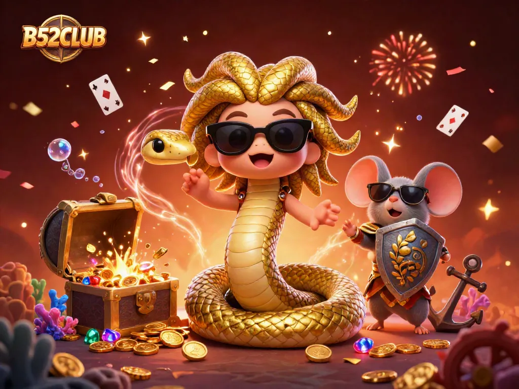 B52CLUB showcases vibrant casino fun with friendly Medusa and warrior mouse amidst colorful treasures.