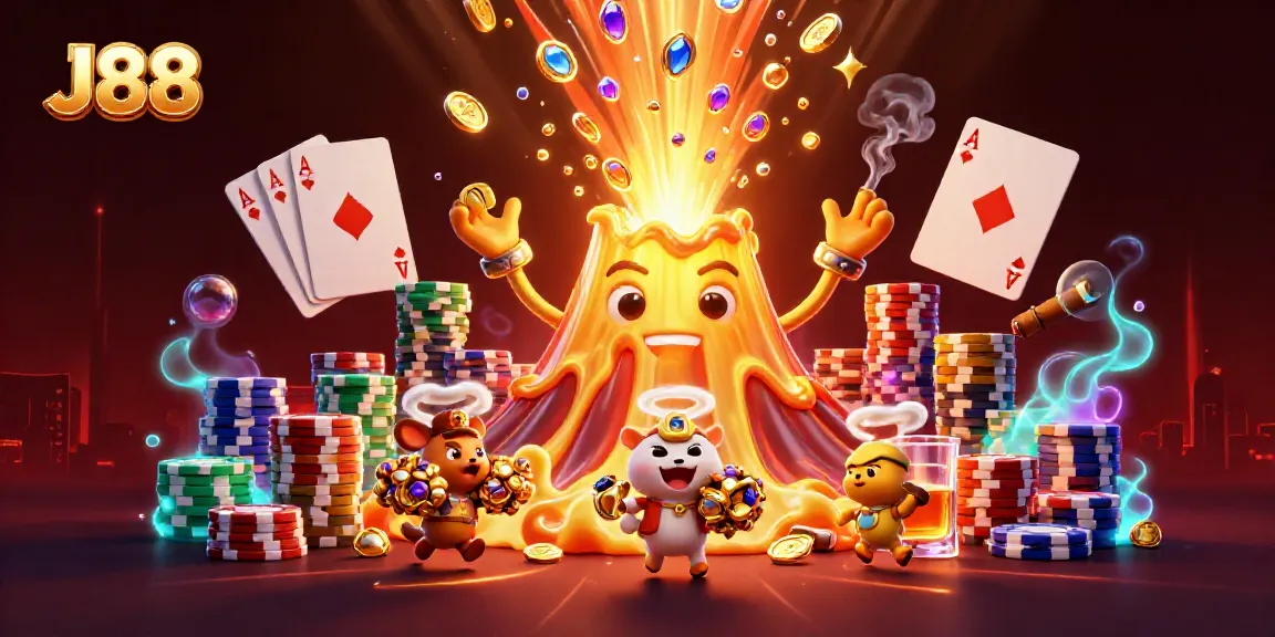 Players explore J88's treasure-filled world under the golden volcano, showcasing poker elements.
