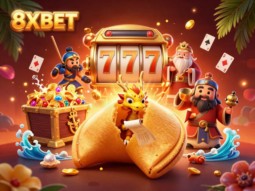 Join the action at 8XBET with vibrant casino-themed characters in an ultra-detailed digital scene.