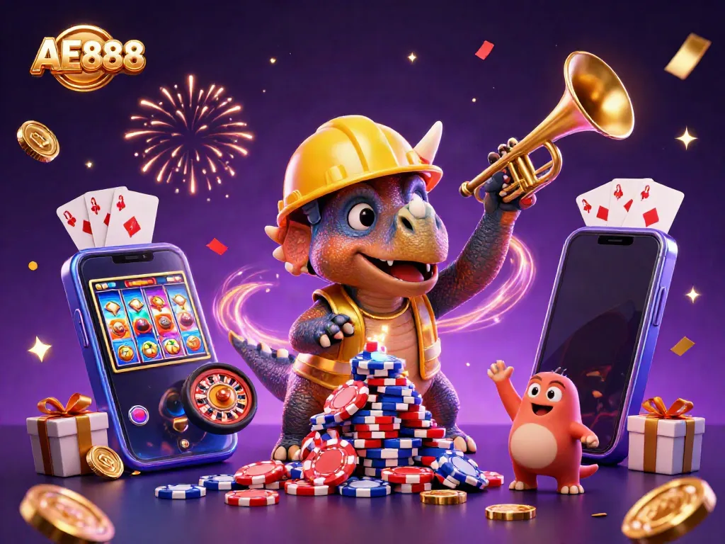 Experience the excitement of AE888 with a vibrant 3D scene celebrating gambling games.