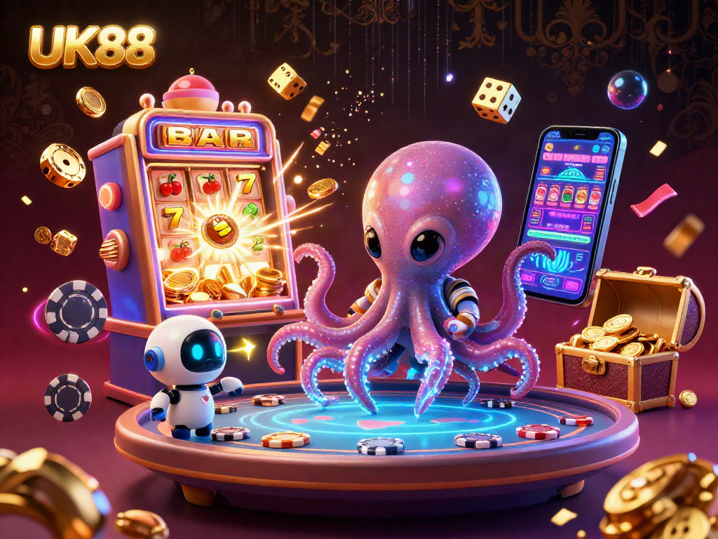 Experience the excitement of UK88 with an astronaut octopus at a holographic poker table amidst a jackpot explosion.