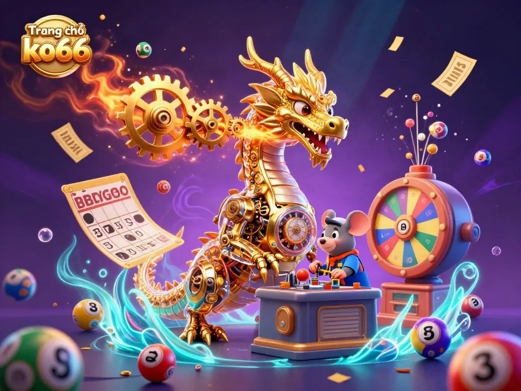 Experience the vibrant excitement of Trang chủ ko66 with a golden dragon and lottery elements, showcasing interactive gaming energy.