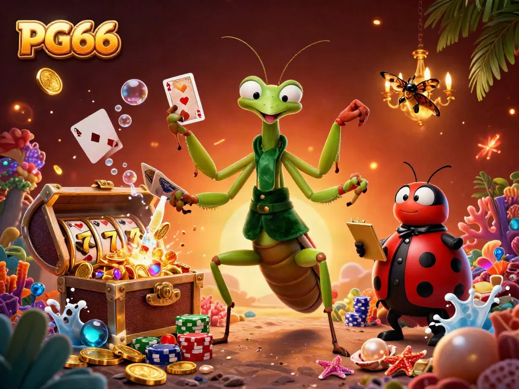 Catch thrilling PG66 moments with a giant praying mantis card sharp and ladybug pit boss amidst vibrant casino elements.