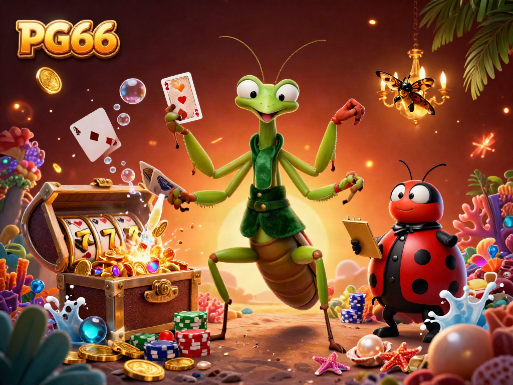 Catch thrilling PG66 moments with a giant praying mantis card sharp and ladybug pit boss amidst vibrant casino elements.