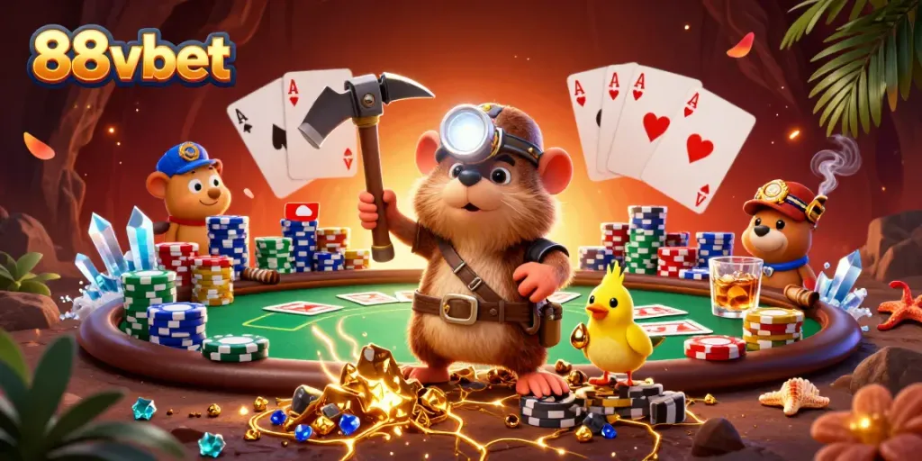 Bet on 88vbet with a vibrant scene illustrating a treasure hunter mole and casino elements.