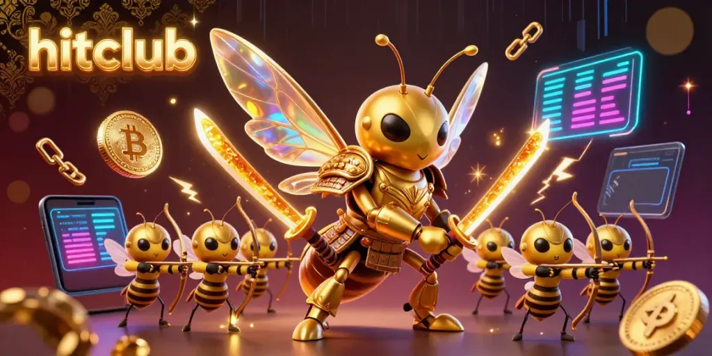 Engage with hitclub's vibrant gaming atmosphere featuring a golden hornet, crypto elements, and casino action.